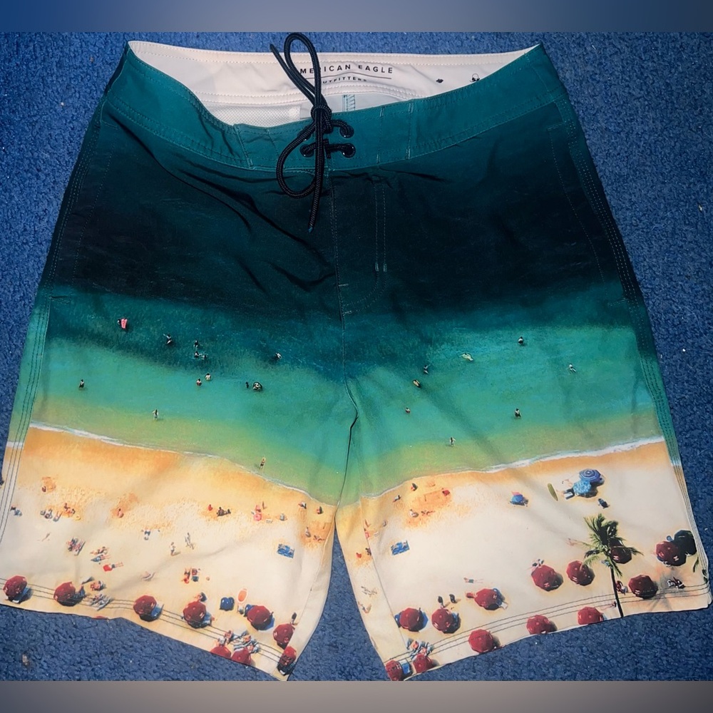 American Eagle Outfitters Men's Green and Cream Hybrid Shorts/bathing suit- XS